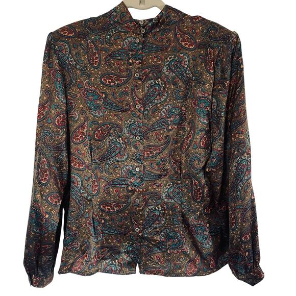 BEAUTIFUL QUEENIE Vtg‎ Paisley 100% Silk Blouse-Button Back-80's 90's- Olive-16 - Picture 1 of 8